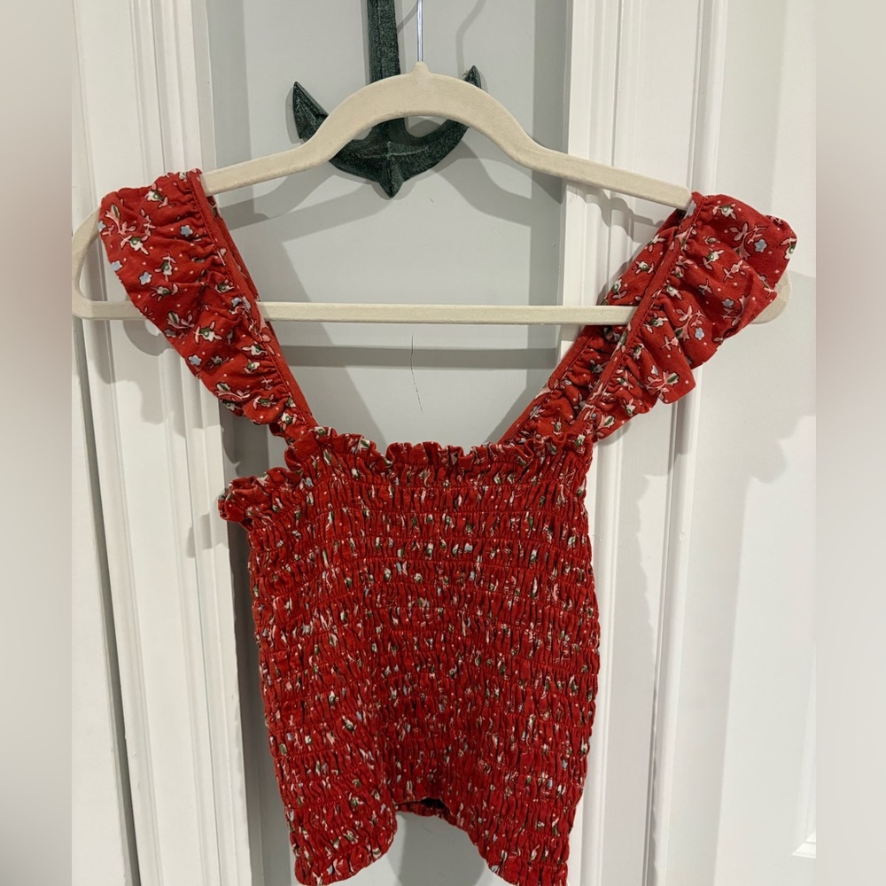 Smocked Red Floral Ruffle-Strap Women’s Top